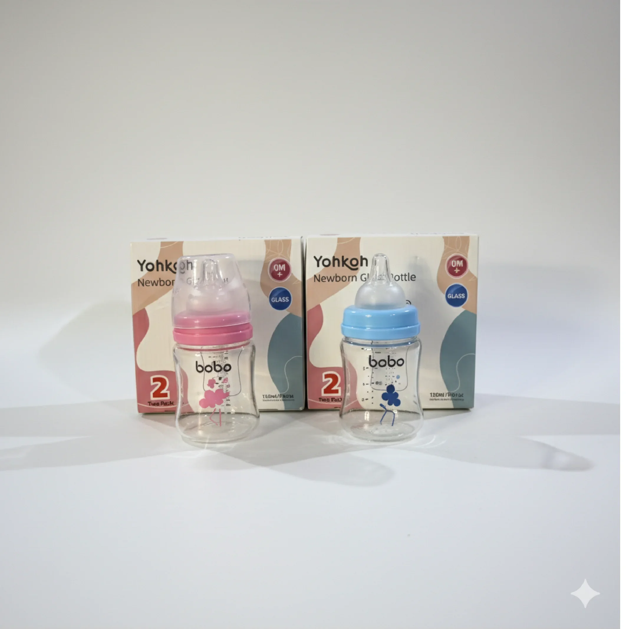 Yohkoh Bobo Newborn Glass Baby Bottle Set – Wide Neck, Slow Flow (0M+), 5oz, 2 Pack — Feeding — Chikaro